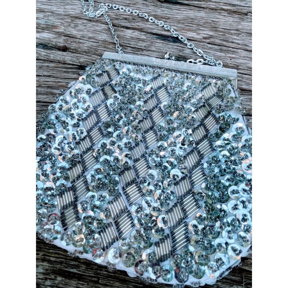 Vintage 1960s Beaded Sequin Liver Formal Purse Lucite Frame - Picture 7 of 12